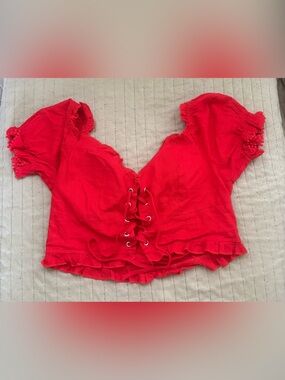 Fashion Nova Red Lace-Up Ruffle Crop Top